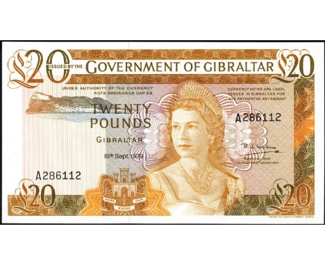 Gibraltar, P 23b, Linzmayer B121b, Government of Gibraltar, 20 Pounds, 15 September 1979. Rock of Gibraltar; coat of arms of 