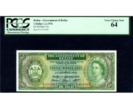 Belize, P 33c, Linzmayer B101c, The Government of Belize, 1 Dollar, 1 January 1976. Coat of arms of Belize at left, portrait 