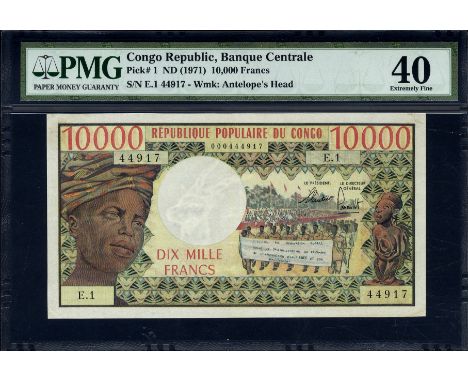 Congo Republic, P 1, Linzmayer B101a, Banque Centrale, 10,000 Francs, (1971). Young woman with head scarf; men marching with 