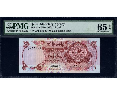 Qatar, P 1a, Linzmayer B101a, The Qatar Monetary Agency, 1 Riyal, (1973). Coat of arms of Qatar at right on front. Signature 