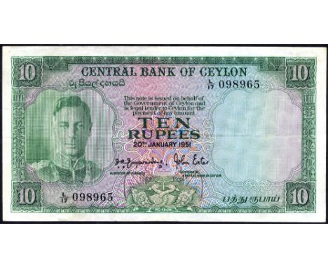 Ceylon, P 48, Linzmayer B302a, Central Bank of Ceylon, 10 Rupees, 20 January 1951. Portrait of King George VI at left on fron