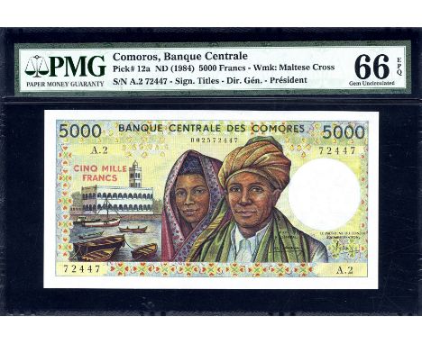 Comoros, P 12a, Linzmayer B303a, Banque Centrale des Comores, 5000 Francs, (1986). Friday mosque in Moroni Harbor; boats; wom