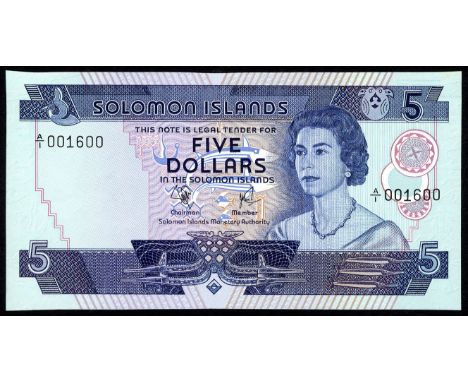Solomon Islands, P 6a, Linzmayer B102, Solomon Islands Monetary Authority, 5 Dollars, (1977), LOW SERIAL NUMBER. Portrait of 