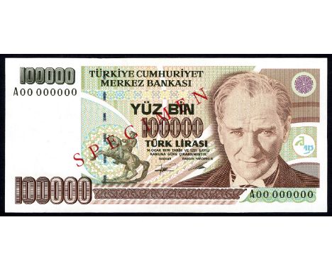 Turkey, P 205s, Linzmayer B283bs, Central Bank of Turkey, 100,000 Lirasi,  L.1970, SPECIMEN. Equestrian statue of Atatürk in 