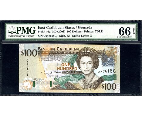 East Caribbean States, P 46g, Linzmayer B230g, Eastern Caribbean Central Bank, Grenada, 100 Dollars, (2003). Fish; bar codes;