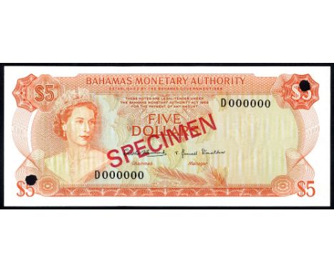 Bahamas, P 29s, Linzmayer B204as, Bahamas Monetary Authority, 5 Dollars, L.1968, SPECIMEN. Portrait of Queen Elizabeth II at 