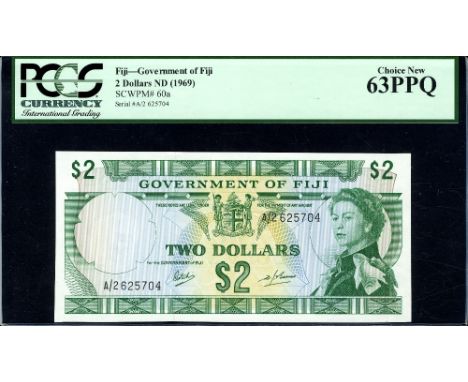 Fiji, P 60a, Government of Fiji, 2 Dollars, (1969). Coat of arms of Fiji at upper center, portrait of Queen Elizabeth II at r