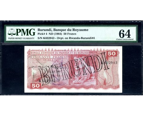 Burundi, P 4, Linzmayer B104b, Banque du Royaume du Burundi, 50 Francs, (1964, old date 01•10•60). Lioness; diagonal black ho