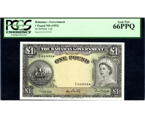 Bahamas, P 15b, Linzmayer B114b, The Bahamas Government, 1 Pound, (1954). Ship seal at left, portrait of Queen Elizabeth II a