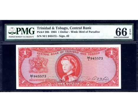 Trinidad and Tobago, P 26b, Linzmayer B201c, Central Bank of Trinidad and Tobago, 1 Dollar (1964). Arms at left, portrait of 