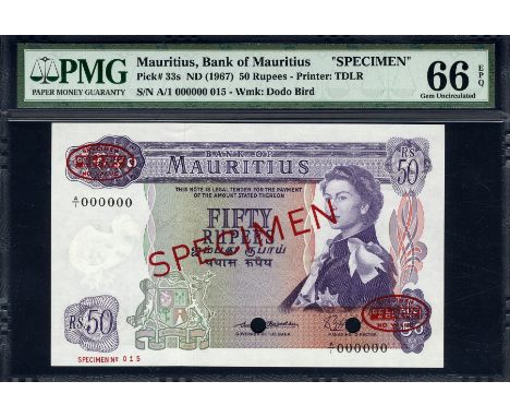 Mauritius, P 33as, Linzmayer B404as2, Bank of Mauritius, 50 Rupees, (1967), SPECIMEN. Portrait of Queen Elizabeth II at right