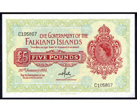 Falkland Islands (Malvinas), P 9b, Linzmayer B214b, Government of the Falkland Islands, 5 Pounds, 30 January 1975. Portrait o