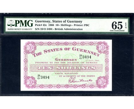 Guernsey, P 42c, States of Guernsey, 10 Shillings, 1 July 1966. Coat of arms of Guernsey at center on back., # 23/O 3494., PM