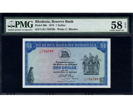 Rhodesia, P 30k, Linzmayer B107k, Reserve Bank of Rhodesia, 1 Dollar, 15 October 1974. Zimbabwe bird; leaves; bank logo; coat