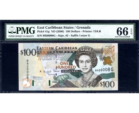 East Caribbean States, P 41g, Linzmayer B225g, Eastern Caribbean Central Bank, Grenada, 100 Dollars, (2000). Fish; bar codes;