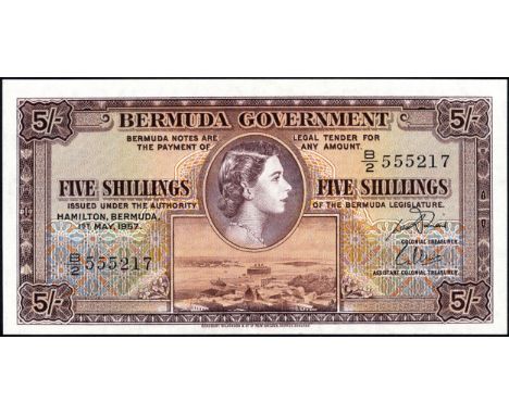 Bermuda, P 18b, Linzmayer B119b, Bermuda Government, 5 Shillings, 1 May 1957. Portrait of Queen Elizabeth II at upper center,