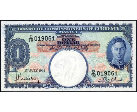 Malaya, P 11, Linzmayer B112a, Board of Commissioners of Currency Malaya, 1 Dollar, 1 July 1941. Portrait of King George VI a