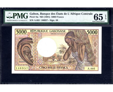 Gabon, P 6a, Linzmayer B205a, Banque des  États de L'Afrique Centrale, 5000 Francs, (1984). Carved wooden mask; three houses 