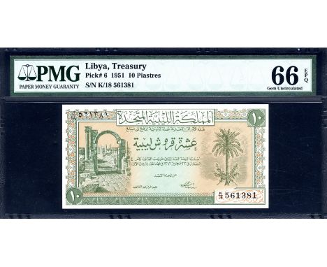 Libya, P 6, Linzmayer B202a, United Kingdom of Libya, Treasury, 10 Piastres, L.1951. Arch of Trajan at Leptis Magna in Al Khu
