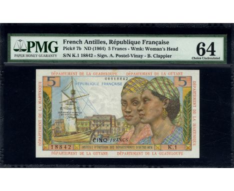 French Antilles, P 7b, Linzmayer B107b, Institut d’Emission des Départements d’Outre-Mer République Francaise, 5 Francs, (196