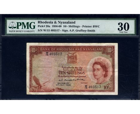 Rhodesia & Nyasaland, P 20a, Linzmayer B101a15, Bank of Rhodesia and Nyasaland, 10 Shillings, 3 July 1959. Fish eagle; coat o