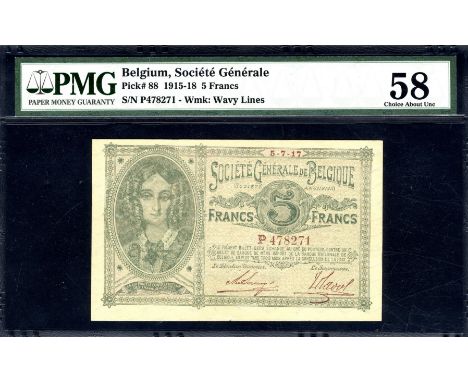 Belgium, NBBB-8, P 88, Société Générale de Belgique, 5 Francs, 5 July 1917. Portrait of Queen Louise-Marie at left on front. 