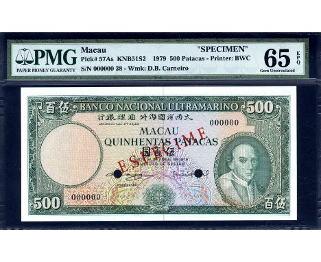 Macau, P 57As, Banco Nacional Ultramarino, Macao, 500 Pesetas, 24 April 1979, SPECIMEN. Coat of arms of Portugal at lower cen