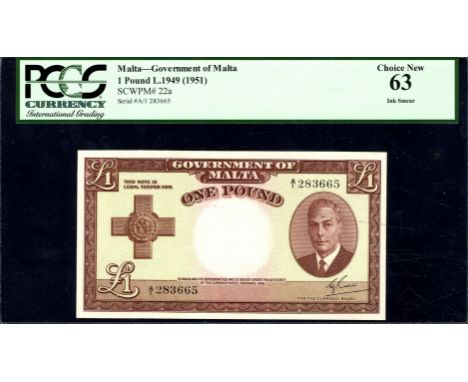 Malta, P 22a, Linzmayer B121a, Government of Malta, 1 Pound, L.1949 (1951). George Cross at left, portrait of King George VI 