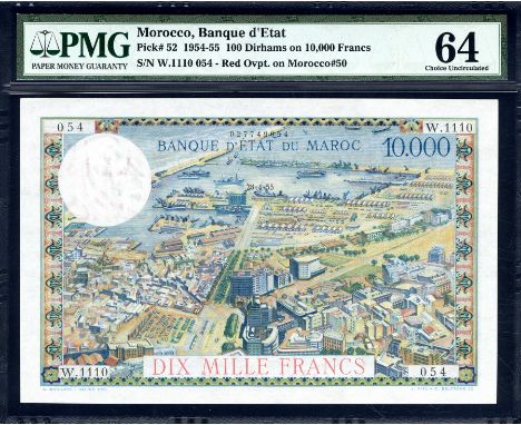 Morocco, P 52, Linzmayer B238a, Banque d’État du Maroc, 100 Dirhams on 10,000 Francs, 28 April 1955. French text; aerial view