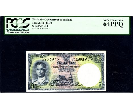 Thailand, P 74d, Government of Thailand, 1 Baht, (1955). Portrait of King at left, buildings at lower center on front. Royal 