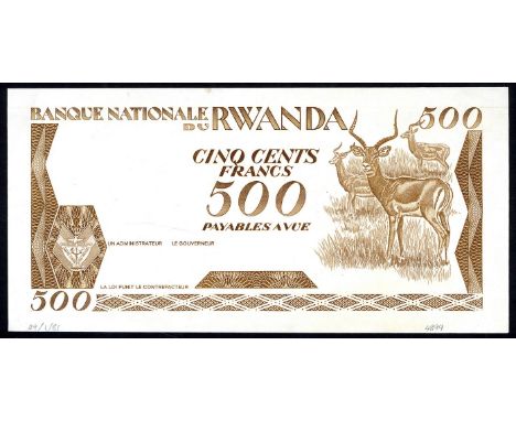 Rwanda, P 16p, Linzmayer B117, Banque Nationale du Rwanda, 500 Francs, ND, FRONT PROOF. Coat of arms of Rwanda at lower left,