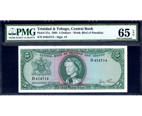 Trinidad and Tobago, P 27a, Linzmayer B202a, Central Bank of Trinidad and Tobago, 5 Dollars (1964). Arms at left, portrait of
