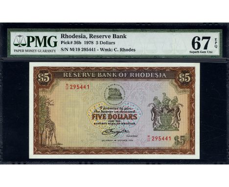 Rhodesia, P 36b, Linzmayer B109c, Reserve Bank of Rhodesia, 5 Dollars, 20 October 1978. Giraffe; leaves; bank logo; coat of a