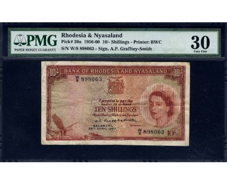 Rhodesia & Nyasaland, P 20a, Linzmayer B101a8, Bank of Rhodesia and Nyasaland, 10 Shillings, 29 April 1957. Fish eagle; coat 