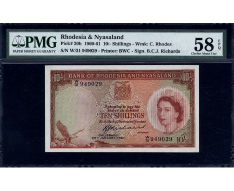 Rhodesia & Nyasaland, P 20b, Linzmayer B101b31, Bank of Rhodesia and Nyasaland, 10 Shillings, 25 January 1961. Fish eagle; co