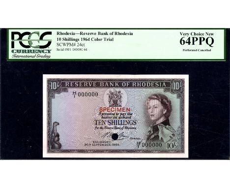 Rhodesia, P 24cts, Linzmayer B101at, Reserve Bank of Rhodesia, 10 Shillings, 30 September 1964, COLOR TRIAL SPECIMEN. Brown. 