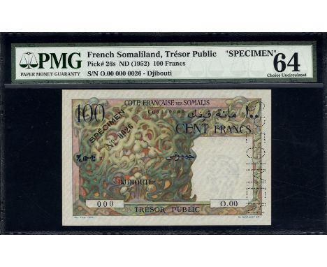 French Somaliland, P 26s, Trésor Publique, 100 Francs, (1952), SPECIMEN. Stylized corals on front. Trunk of palm tree on back