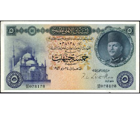 Egypt, P 25, National Bank of Egypt, 5 Pounds, 1946, Portrait King Farouk at right, Citadel of Cairo at left on front. Signat