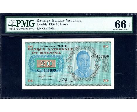 Katanga, P 6a, Linzmayer B204a, Banque Nationale du Katanga, 20 Francs, 21 November 1960. Portrait of Moise Tshombe at right 