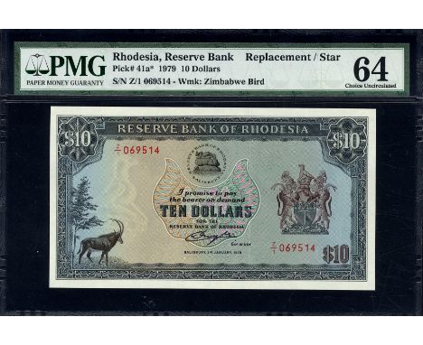 Rhodesia, P 41ar, Linzmayer B110kr, Reserve Bank of Rhodesia, 10 Dollars, 2 January 1979, REPLACEMENT. Sable antelope; trees;