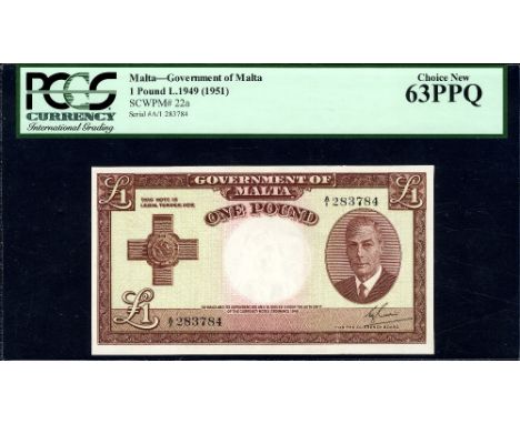 Malta, P 22a, Linzmayer B121a, Government of Malta, 1 Pound, L.1949 (1951). George Cross at left, portrait of King George VI 