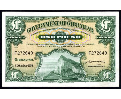 Gibraltar, P 15c, Linzmayer B116c, Government of Gibraltar, 1 Pound, 3 October 1958. Rock of Gibraltar at left on front. Sign