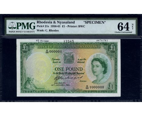 Rhodesia & Nyasaland, P 21s, Linzmayer B102b68s, Bank of Rhodesia and Nyasaland, 1 Pound, 16 January 1961, SPECIMEN. Leopard;