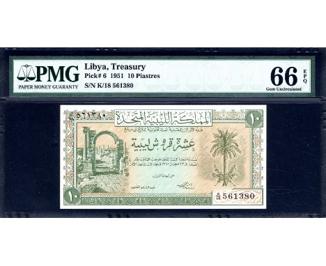 Libya, P 6, Linzmayer B202a, United Kingdom of Libya, Treasury, 10 Piastres, L.1951. Arch of Trajan at Leptis Magna in Al Khu