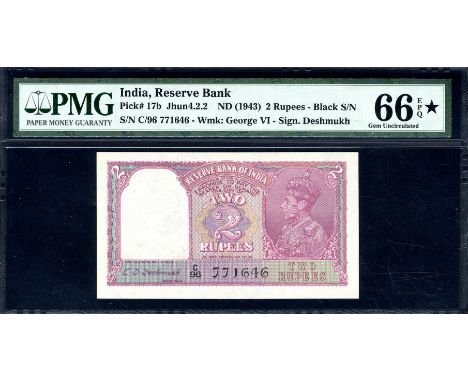 India, P 17b, Juhnjuhnwalla/Razack 4.2.2, Reserve Bank of India, 2 Rupees, (1948). Portrait of King George VI at right on fro