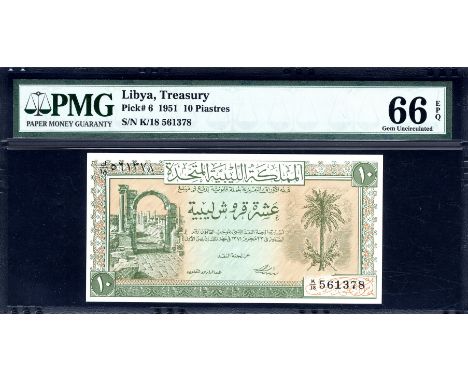 Libya, P 6, Linzmayer B202a, United Kingdom of Libya, Treasury, 10 Piastres, L.1951. Arch of Trajan at Leptis Magna in Al Khu
