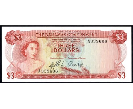 Bahamas, P 19a, Linzmayer B118a, The Bahamas Government, 3 Dollars, L.1965. Portrait of Queen Elizabeth II at left on front. 