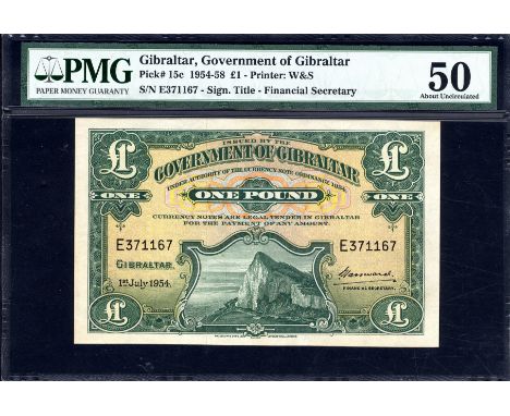 Gibraltar, P 15c, Linzmayer B116a, Government of Gibraltar, 1 Pound, 1 July 1954. Rock of Gibraltar on front. Signature title