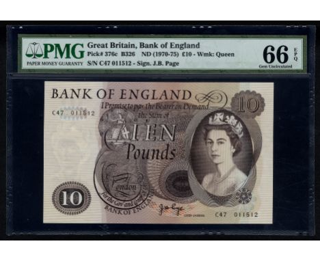 Great Britain, P 376a, Bank of England, 10 Pounds, (1970-75). Seated Britannia at upper left, portrait of Queen Elizabeth II 