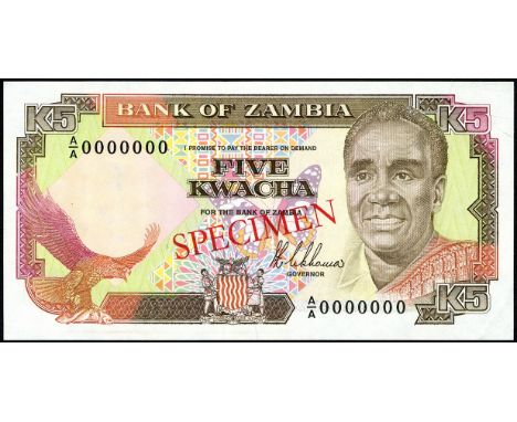 Zambia, P 30s, Linzmayer B131as, Bank of Zambia, 5 Kwacha, (1989-91), SPECIMEN. Fish eagle at lower left, coat of arms of Zam